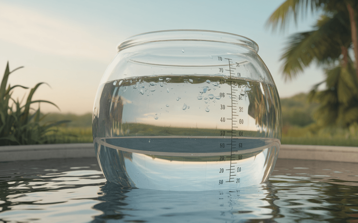 Un aquarium rond transparent avec des mesures, contenant de l'eau, posé sur une surface réfléchissante en extérieur, avec des plantes en arrière-plan.