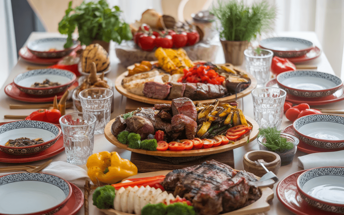 Table festive garnie de plats variés : viandes, légumes grillés, fruits, et garnitures, avec des assiettes et des verres disposés.