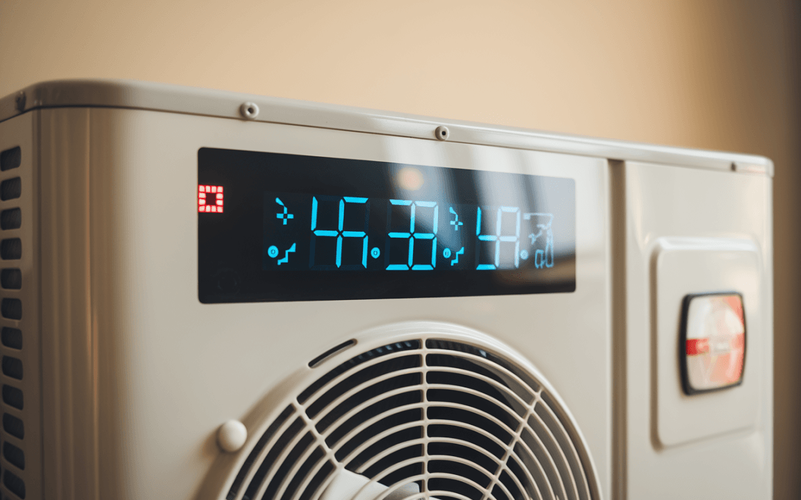 Appareil de climatisation avec affichage numérique indiquant des chiffres et symboles, ventilateur visible en bas, mur neutre en arrière-plan.