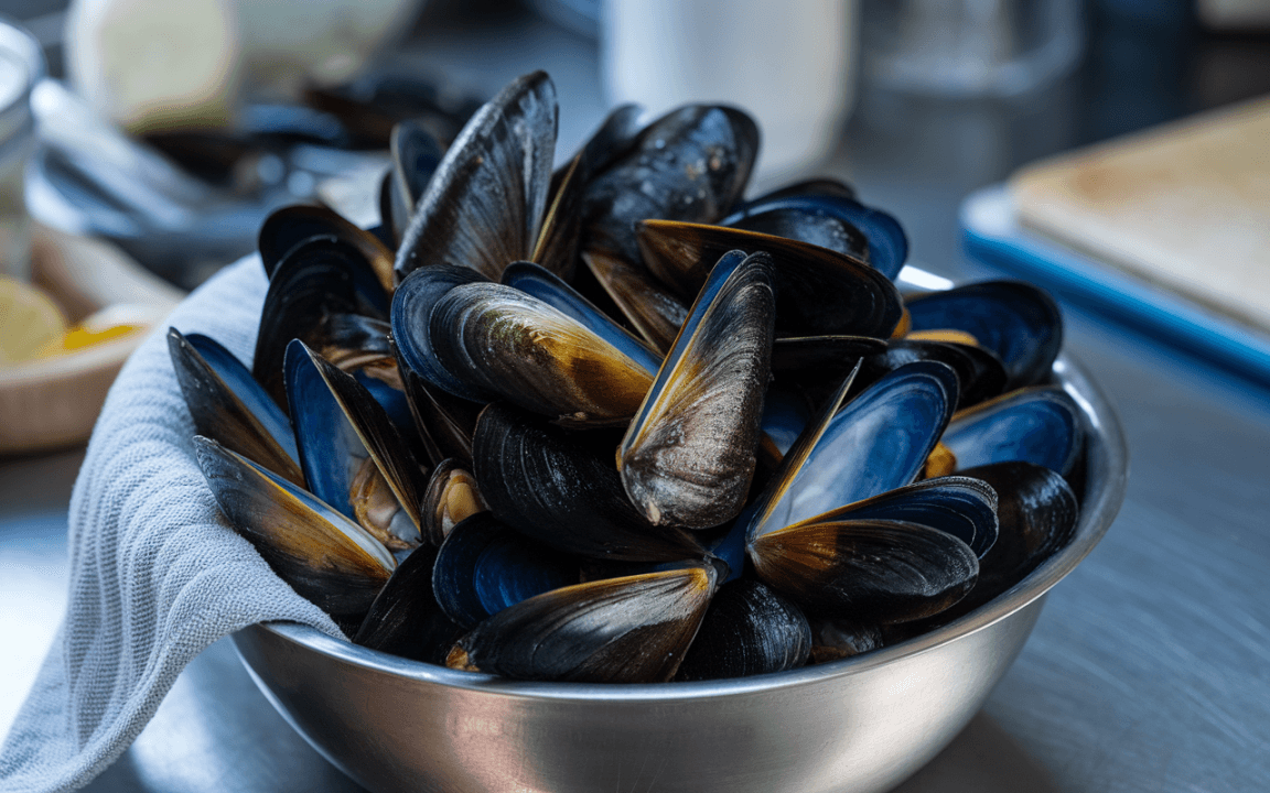 Bocal en acier inoxydable rempli de moules fraîches, avec des reflets bleus et dorés, posé sur une surface de travail.