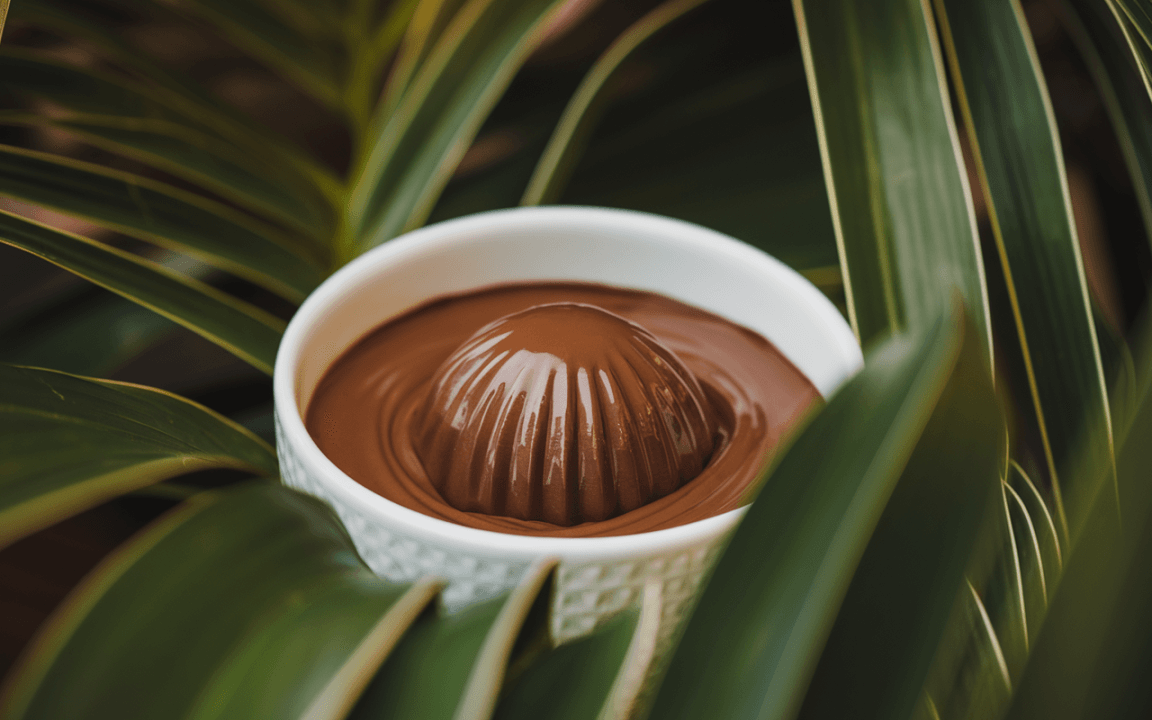 Bol de chocolat avec une forme en relief, entouré de feuilles de plante, créant une atmosphère naturelle.