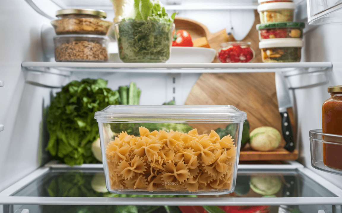 Réfrigérateur rempli de légumes frais, pâtes farfalle dans un récipient transparent, divers aliments et condiments à l'arrière-plan.