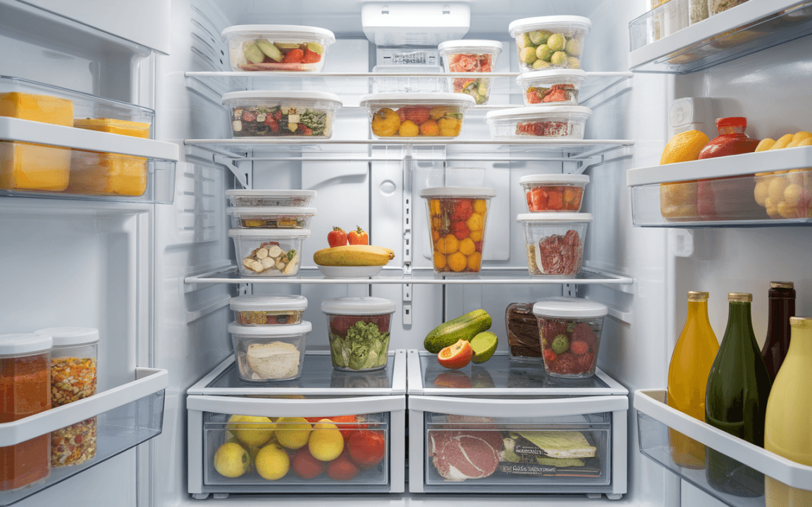 Réfrigérateur ouvert rempli de contenants transparents avec des fruits, légumes, viandes et sauces variées bien organisés.
