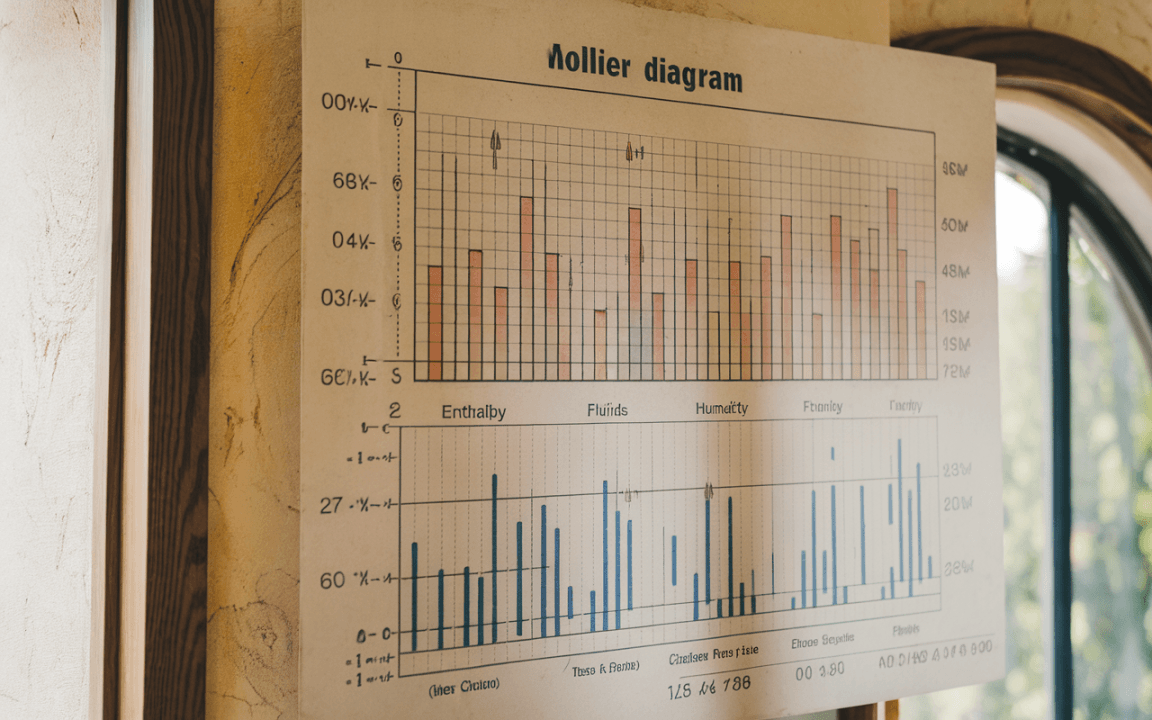 Diagramme Mollier affichant des graphiques de l'enthalpie, des fluides, de l'humidité, et d'autres paramètres thermodynamiques.