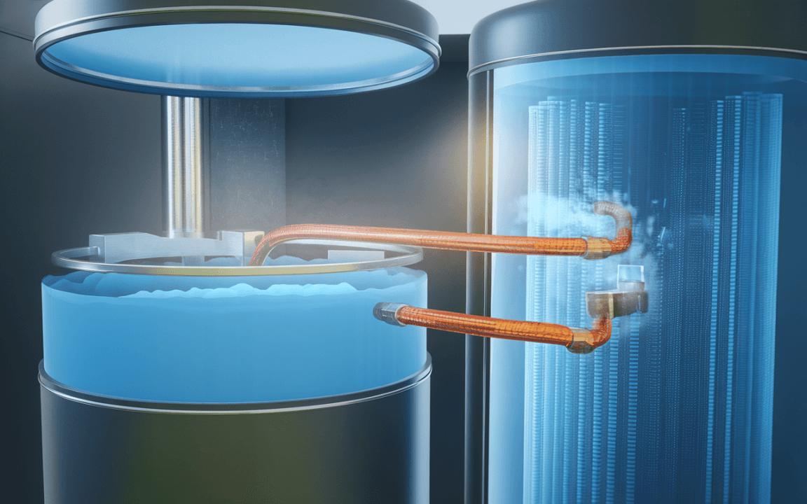 Système de refroidissement avec réservoir bleu, tuyaux en cuivre et éléments techniques visibles, illustrant un processus thermodynamique.