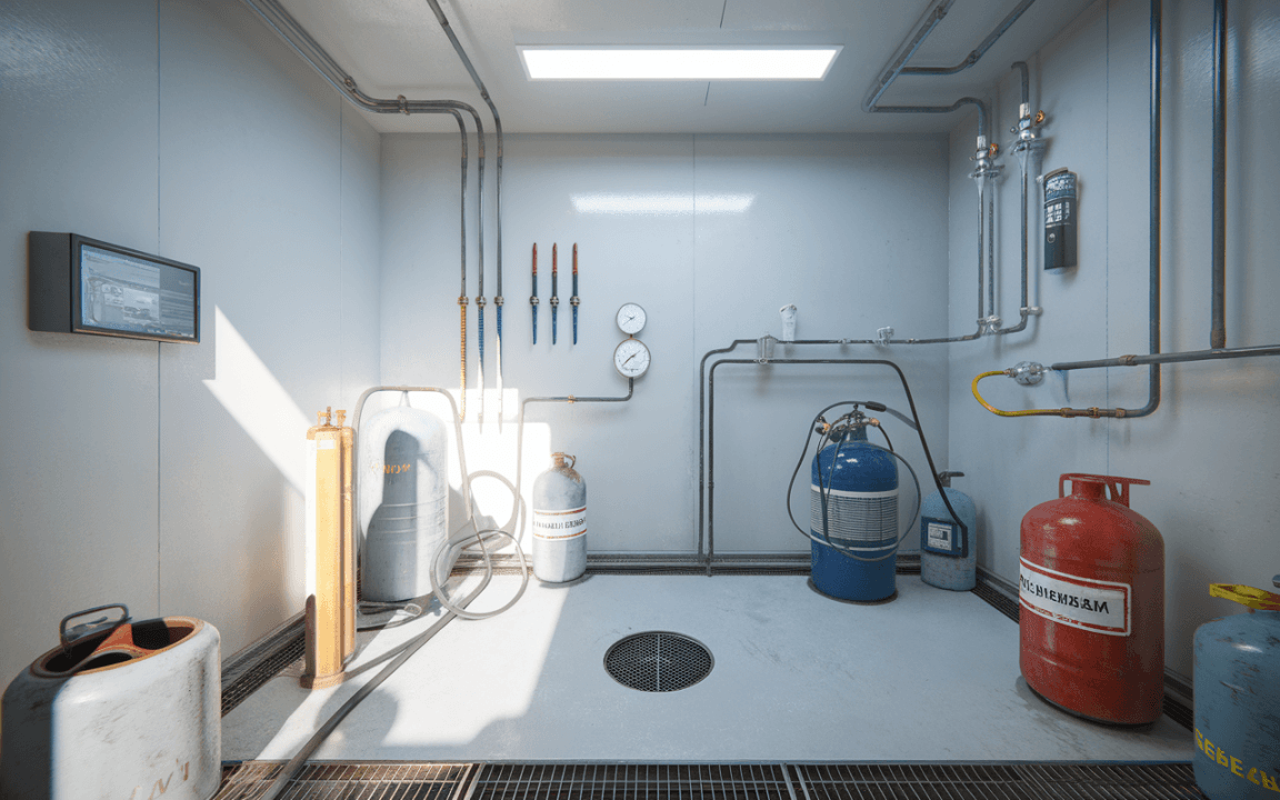 Salle technique avec bouteilles de gaz, manomètres, tuyaux et un écran, bien éclairée, sur sol en métal.