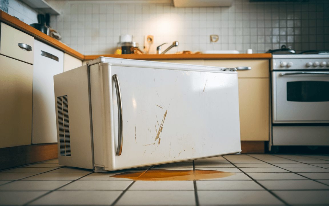 Réfrigérateur renversé avec des traces sur la surface, laissant une flaque d'eau sur le sol de la cuisine.