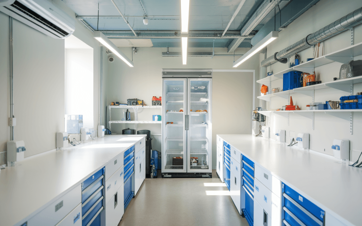 Atelier moderne avec plans de travail blancs, rangements bleus et un grand réfrigérateur à portes vitrées. Éclairage lumineux.