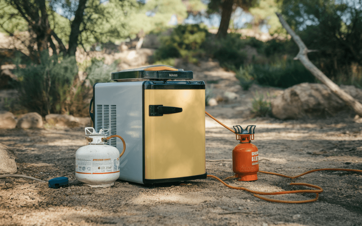 Petit réfrigérateur jaune et gris, relié à une bouteille de gaz orange, posé sur le sol en terre dans un environnement boisé.