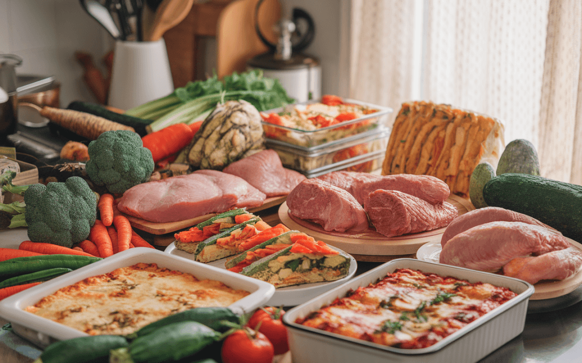 Une variété de légumes, de viandes crues et de plats cuisinés disposés sur une table, dans une cuisine lumineuse et accueillante.