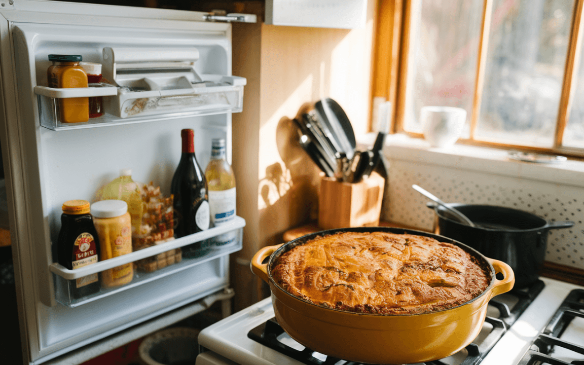 Une cuisine lumineuse avec un plat doré sur la cuisinière et un réfrigérateur rempli de condiments et boissons.