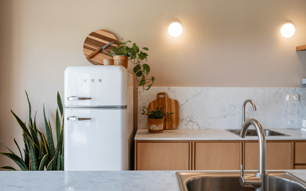 Cuisine moderne avec réfrigérateur blanc, plantes en pot, plan de travail en marbre et évier en inox. Éclairage doux.