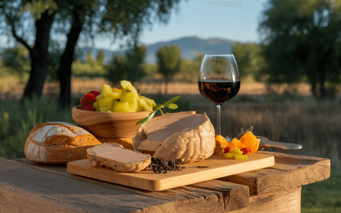 Plateau de charcuterie avec pâté, pain, fruits frais et un verre de vin rouge, en arrière-plan, un paysage naturel.
