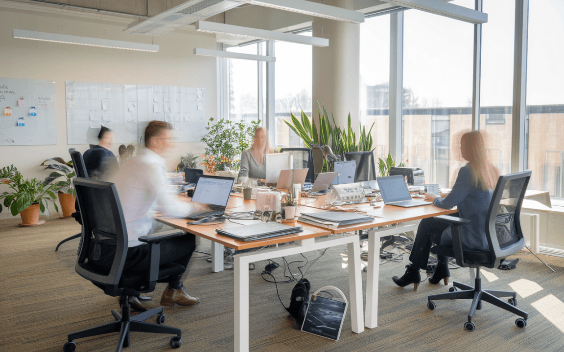 Bureau lumineux avec des travailleurs animés, plusieurs ordinateurs portables, plantes et matériel de bureau éparpillé sur des tables.