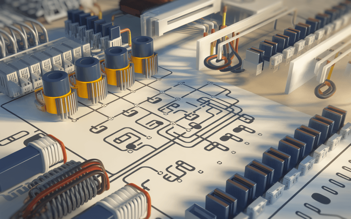 Circuit imprimé complexe avec des composants électroniques, fils, résistances et motifs de circuits dessinés, illustrant la technologie moderne.