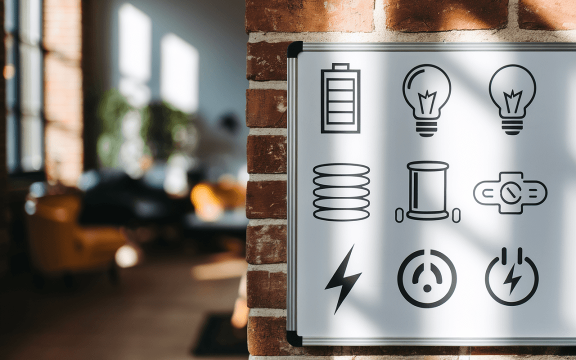 Panneau illustré avec des icônes représentant une batterie, des ampoules, un fil, une lampe, un interrupteur, et des symboles d'électricité.