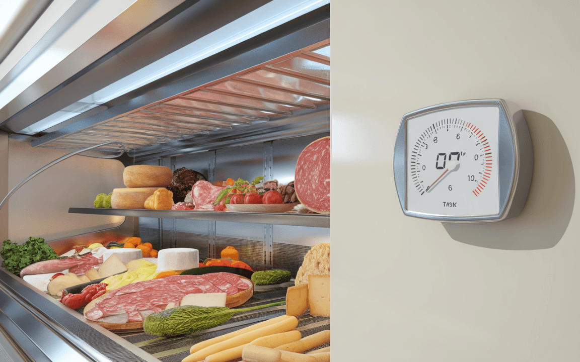 Vitrine réfrigérée contenant des charcuteries, fromages et légumes, avec un thermomètre affichant 0°C à côté.