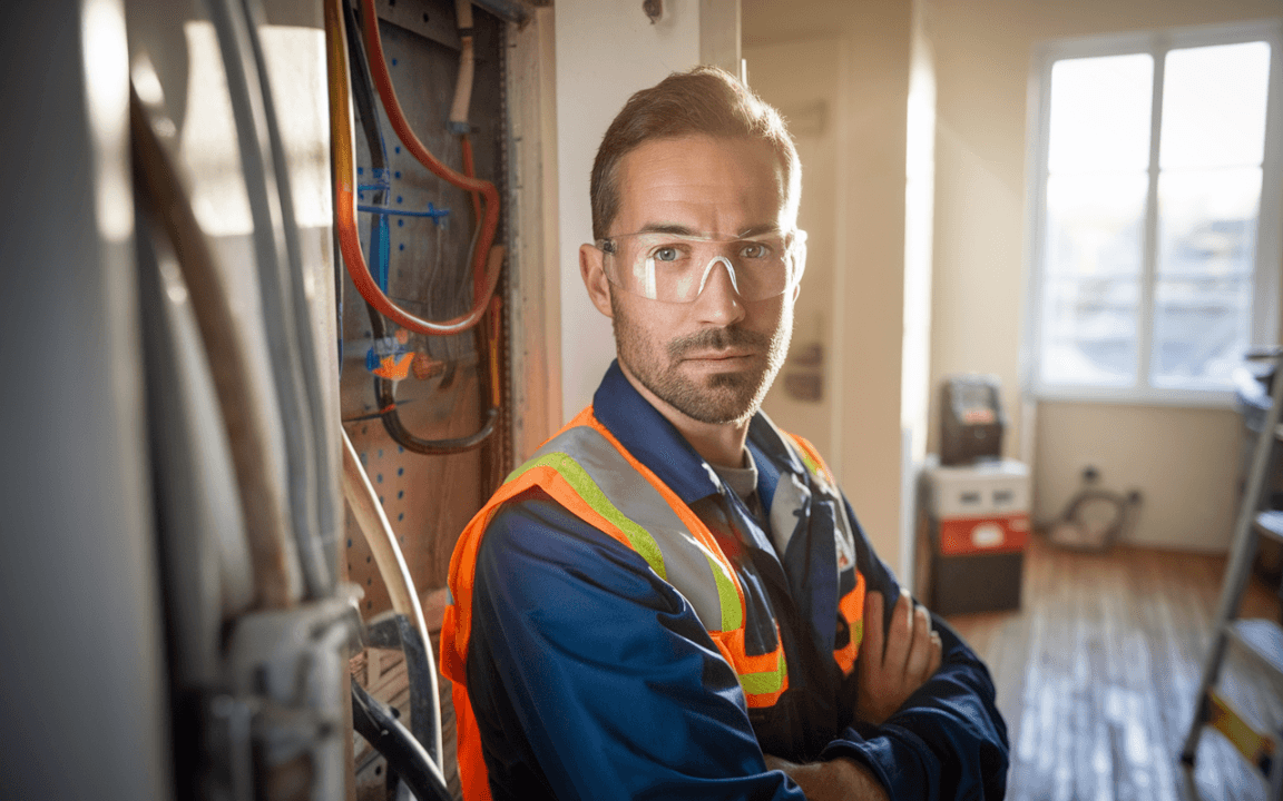 Homme en blouse de travail et lunettes de protection, se tenant dans un environnement de construction, regard sérieux, éclairage naturel.