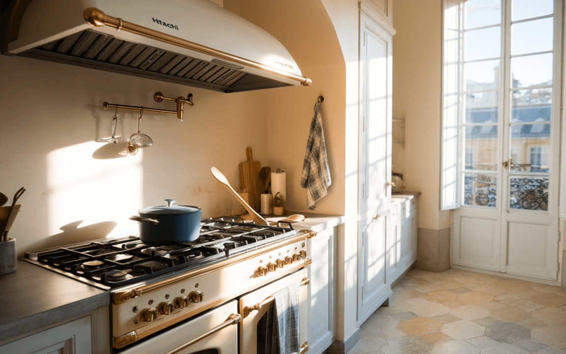 Cuisine lumineuse avec un fourneau doré, pot bleu sur la plaque, ustensiles en bois, et fenêtres ouvertes sur l'extérieur.