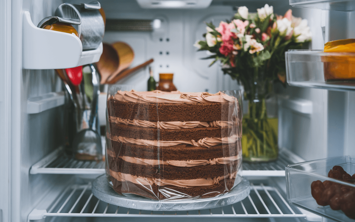 Gâteau au chocolat enveloppé de plastique dans un réfrigérateur, avec un vase de fleurs colorées à l'arrière-plan.