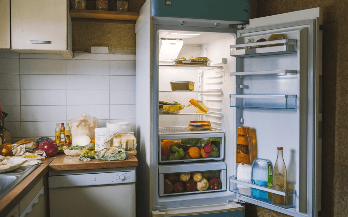Une cuisine avec un réfrigérateur ouvert, rempli de légumes et de plats. Le plan de travail est désordonné avec des aliments.