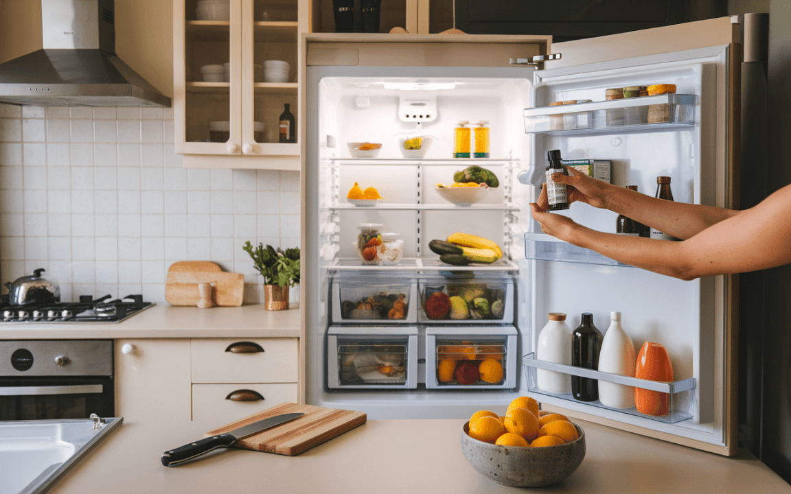 Réfrigérateur ouvert dans une cuisine moderne, rempli de fruits, légumes et condiments, avec une personne tenant une bouteille. Au premier plan, un bol d'agrumes.