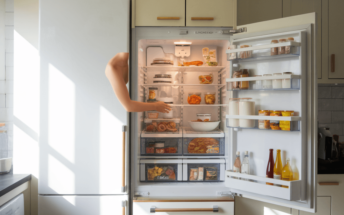 Un réfrigérateur ouvert avec une main qui sort, rempli de divers aliments et boissons, éclairé par la lumière du jour.