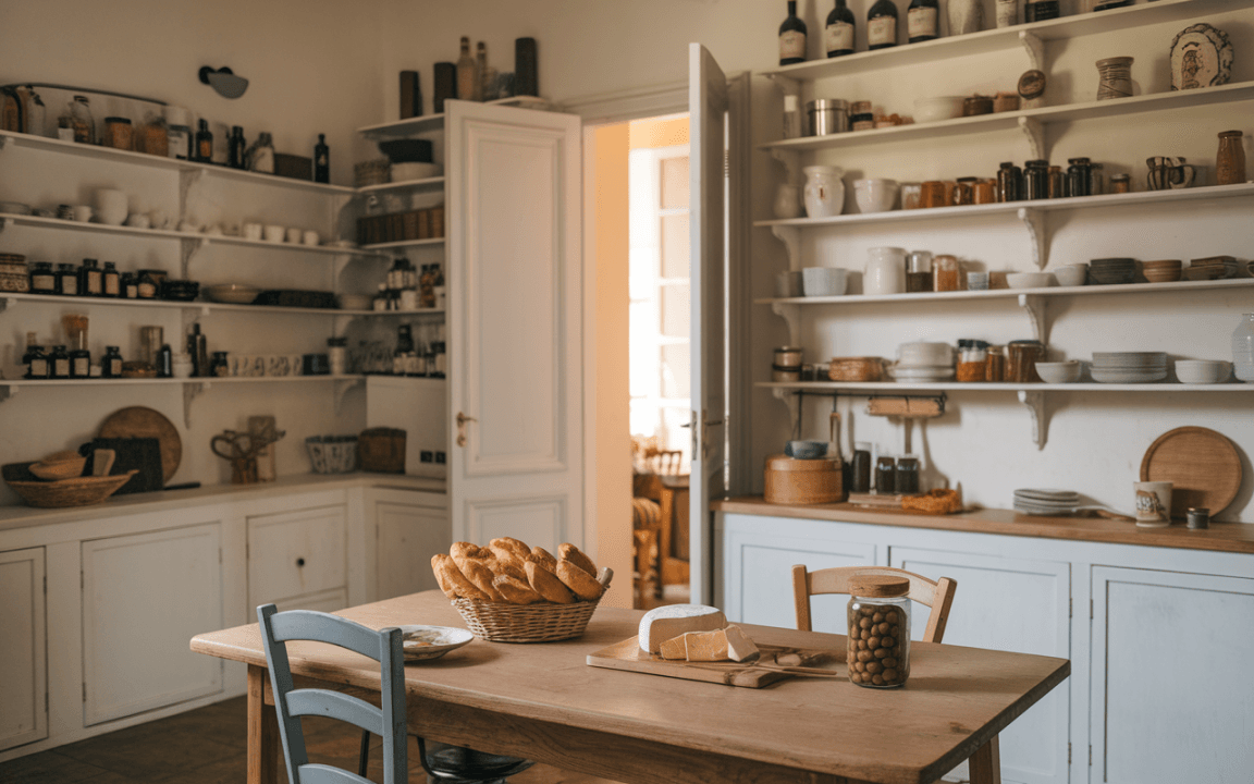 Cuisine lumineuse avec étagères garnies de bocaux, table en bois avec du pain, fromage et olives. Ambiance chaleureuse et rustique.