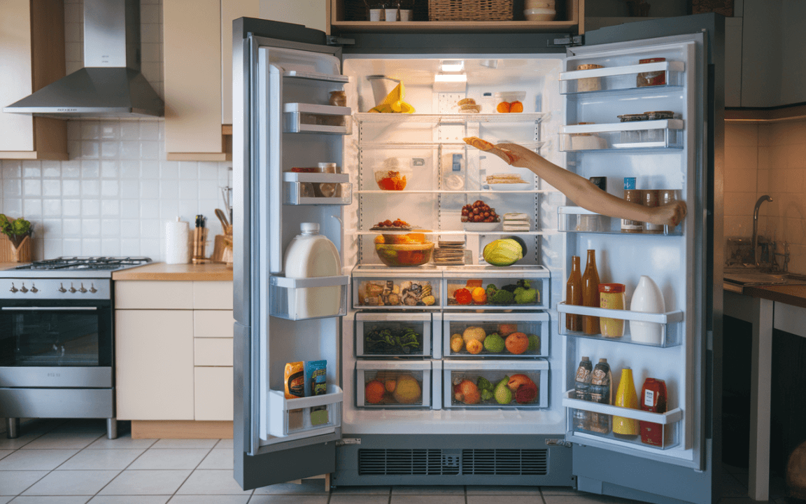Réfrigérateur ouvert rempli de fruits, légumes, boissons et produits laitiers, avec une main sortant de l'intérieur. Cuisine moderne en arrière-plan.