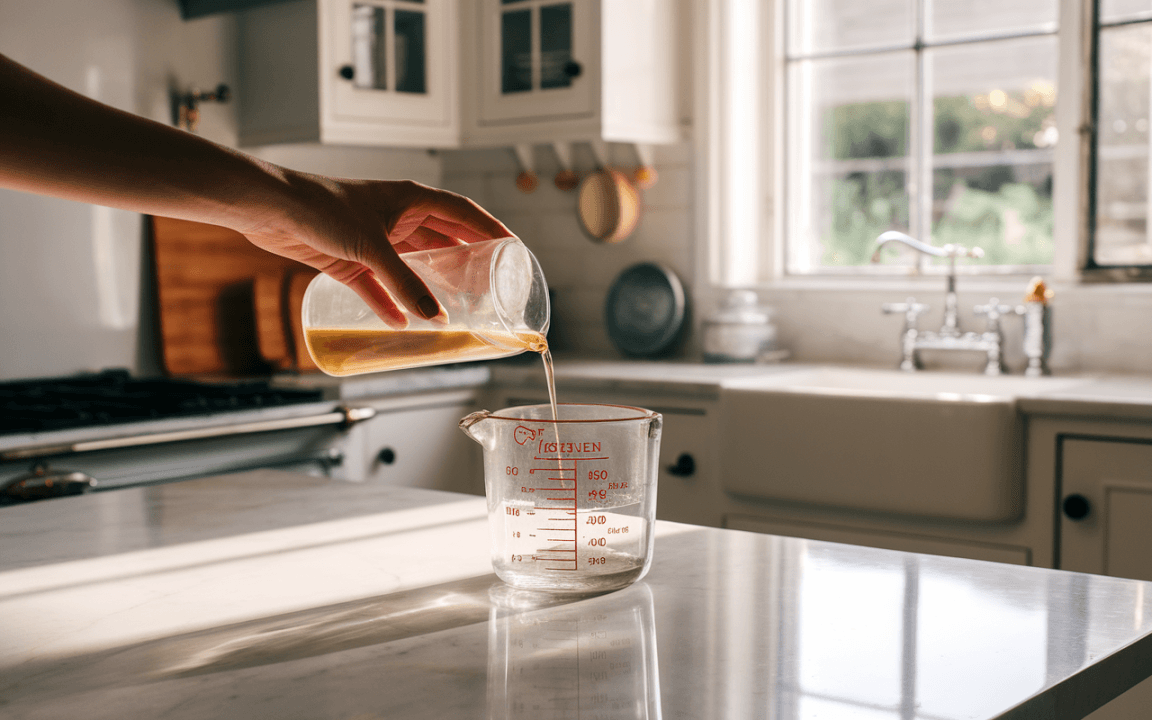 Une main verse un liquide doré dans un verre mesureur sur un plan de travail en marbre, avec une cuisine lumineuse en arrière-plan.