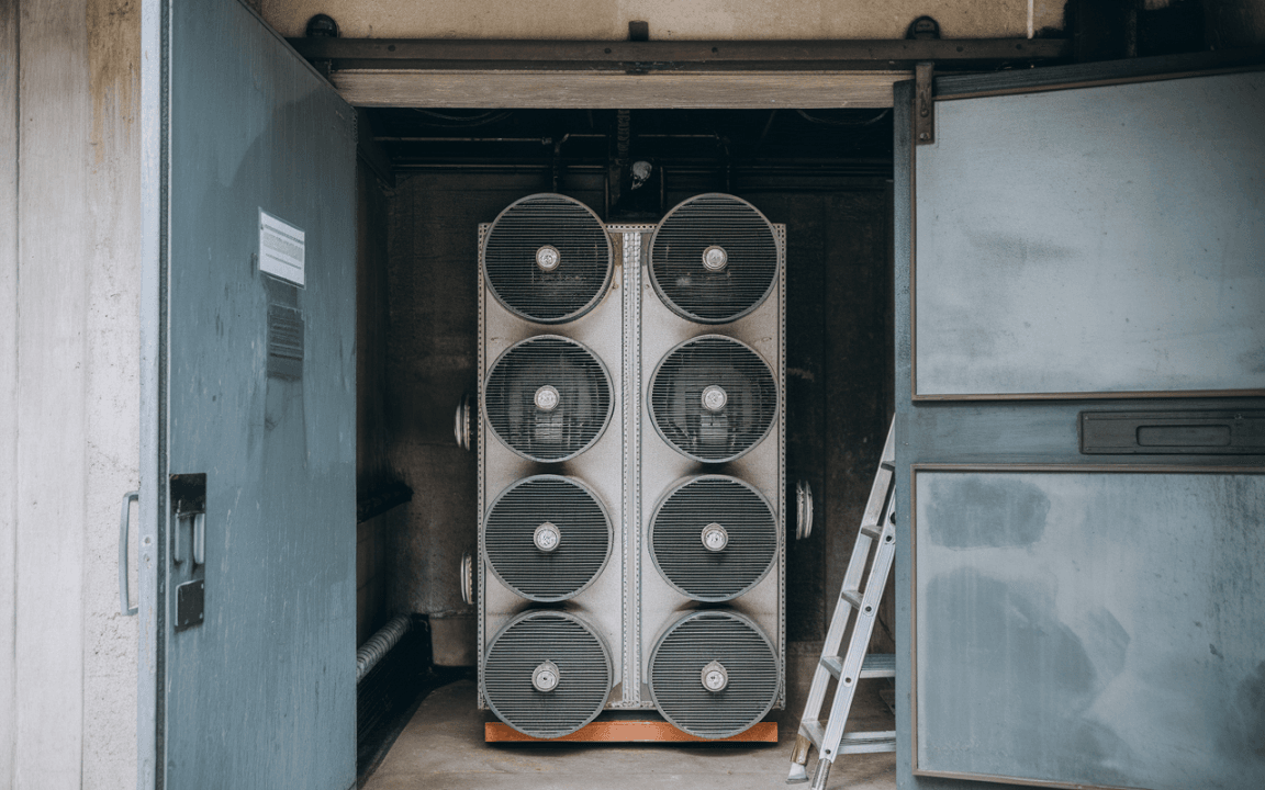 Un système de ventilation à plusieurs ventilateurs est installé dans un espace technique, avec une échelle à côté et une porte ouverte.