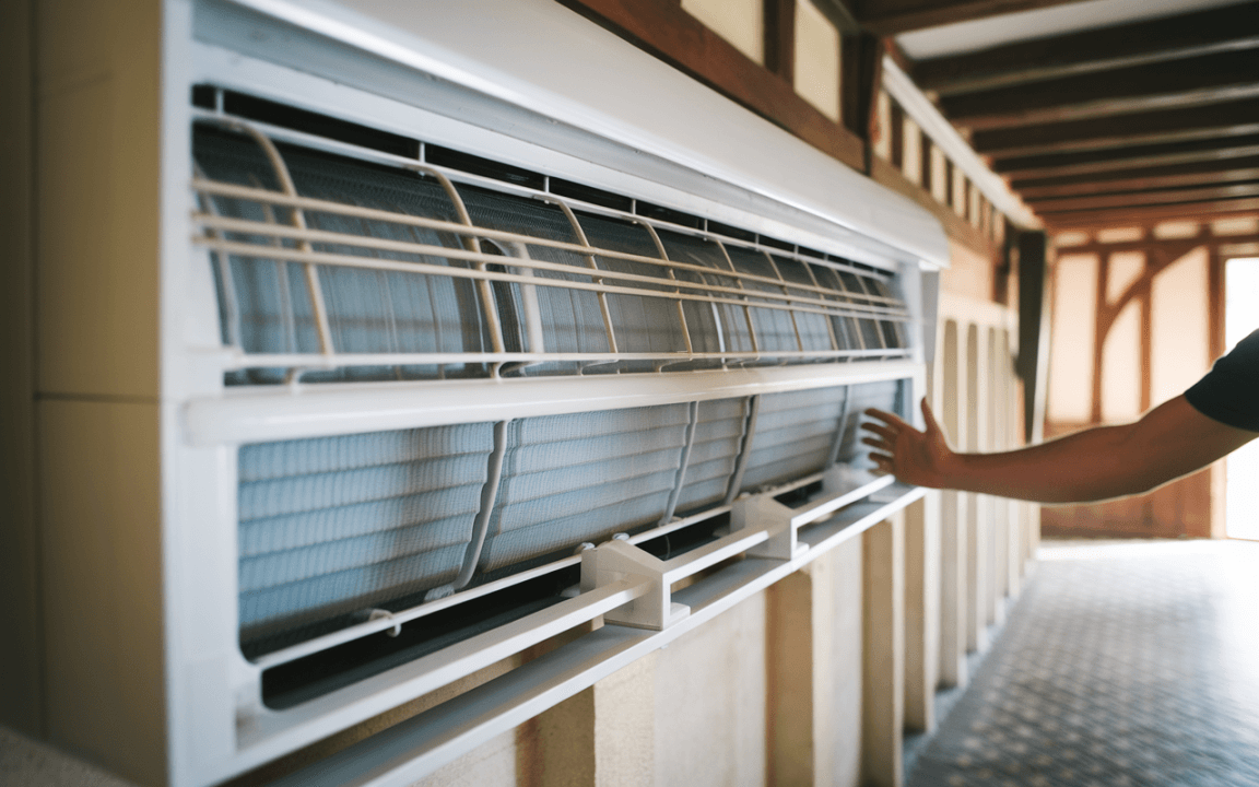 Un système de climatisation installé sur un mur, avec une personne touchant un des composants, dans un intérieur en bois.