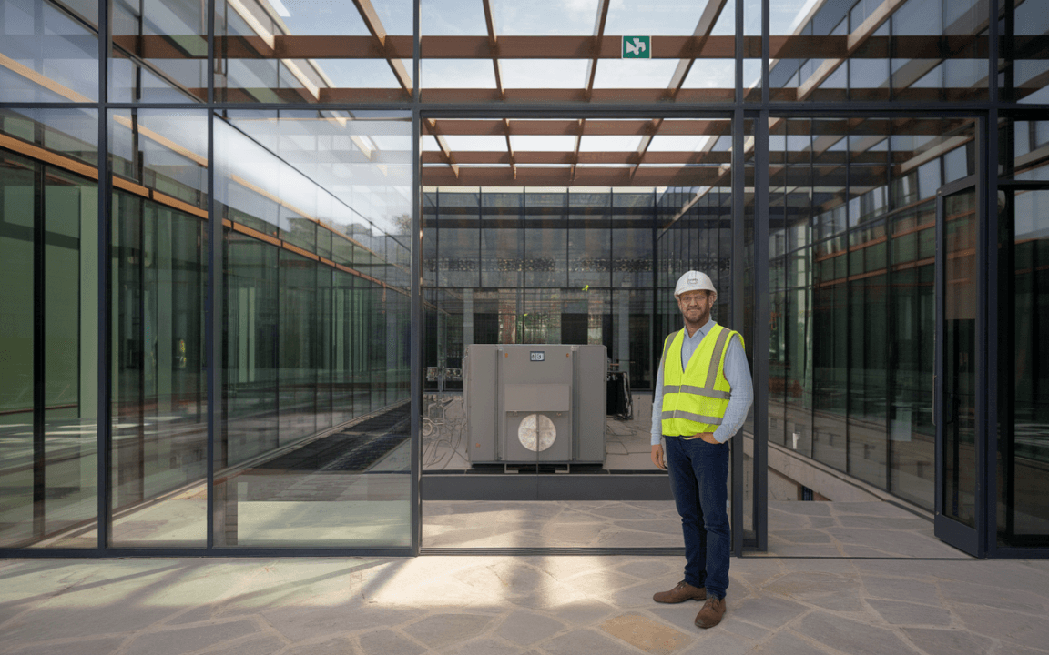 Homme en gilet jaune et casque, se tenant dans un bâtiment moderne en verre, devant un équipement technique. Éclairage naturel.