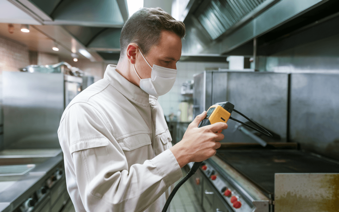 Un homme en tenue de cuisine et masque, utilise un thermomètre dans une cuisine professionnelle. Des équipements de cuisine sont visibles en arrière-plan.