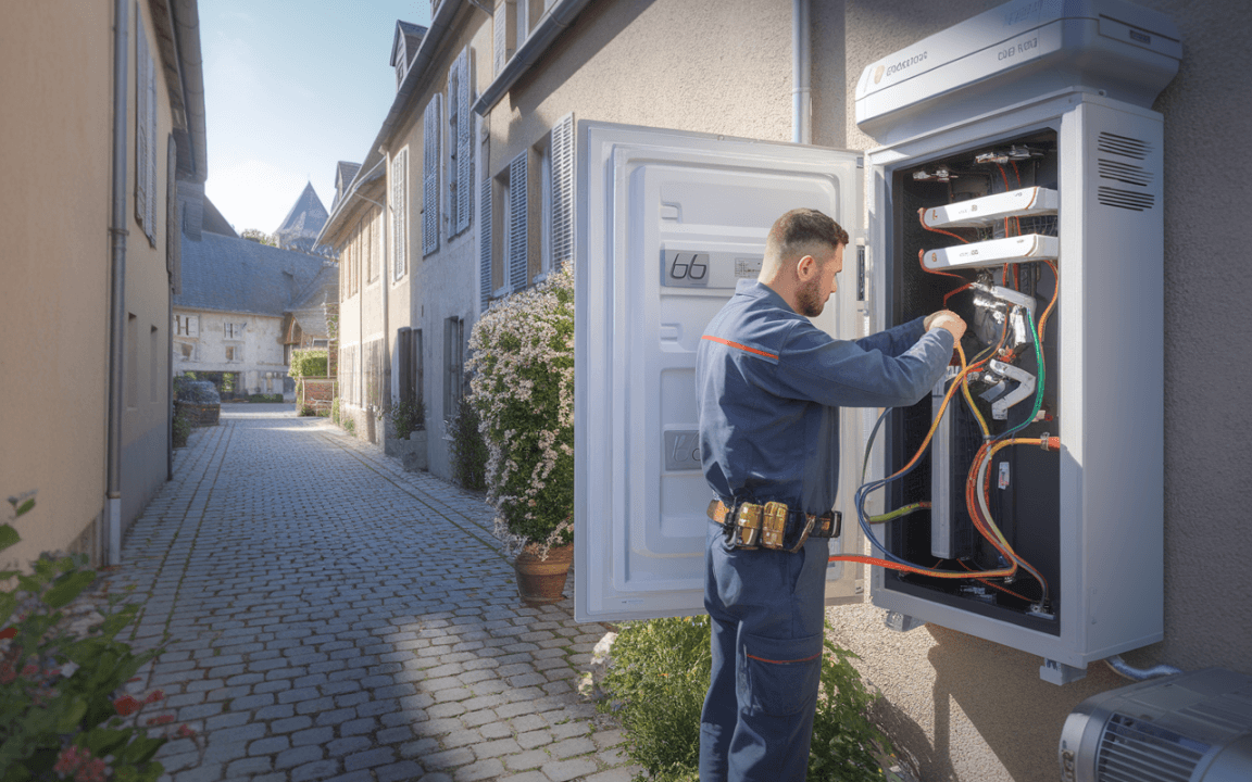 Un technicien en tenue de travail effectue des réparations sur un tableau électrique extérieur dans une ruelle pavée entre des maisons.