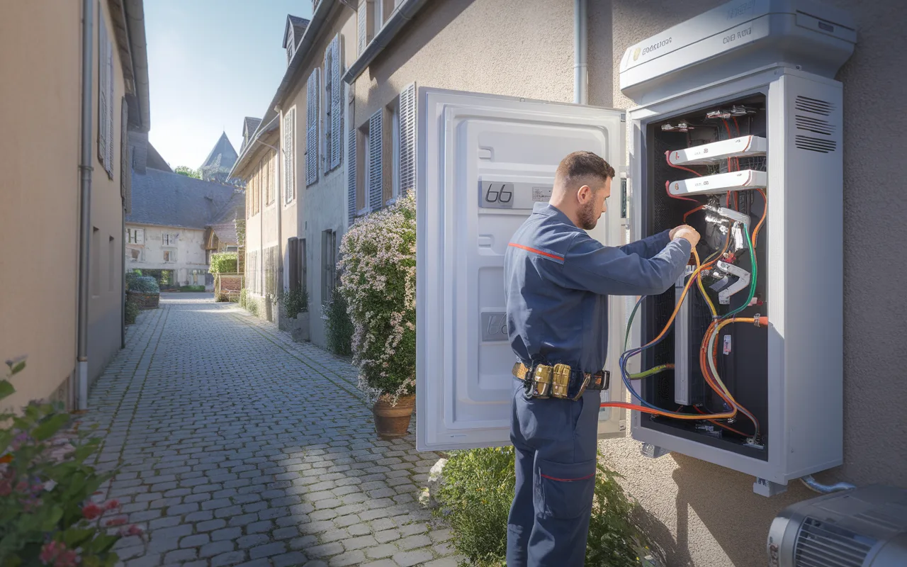 Un technicien en tenue de travail effectue des réparations sur un tableau électrique extérieur dans une ruelle pavée entre des maisons.