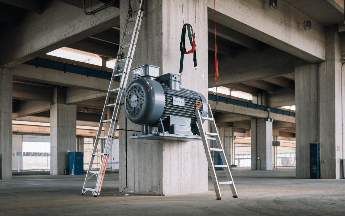 Moteur électrique monté sur un pilier, entouré de deux échelles dans un vaste espace industriel. Sécurisé avec un harnais.
