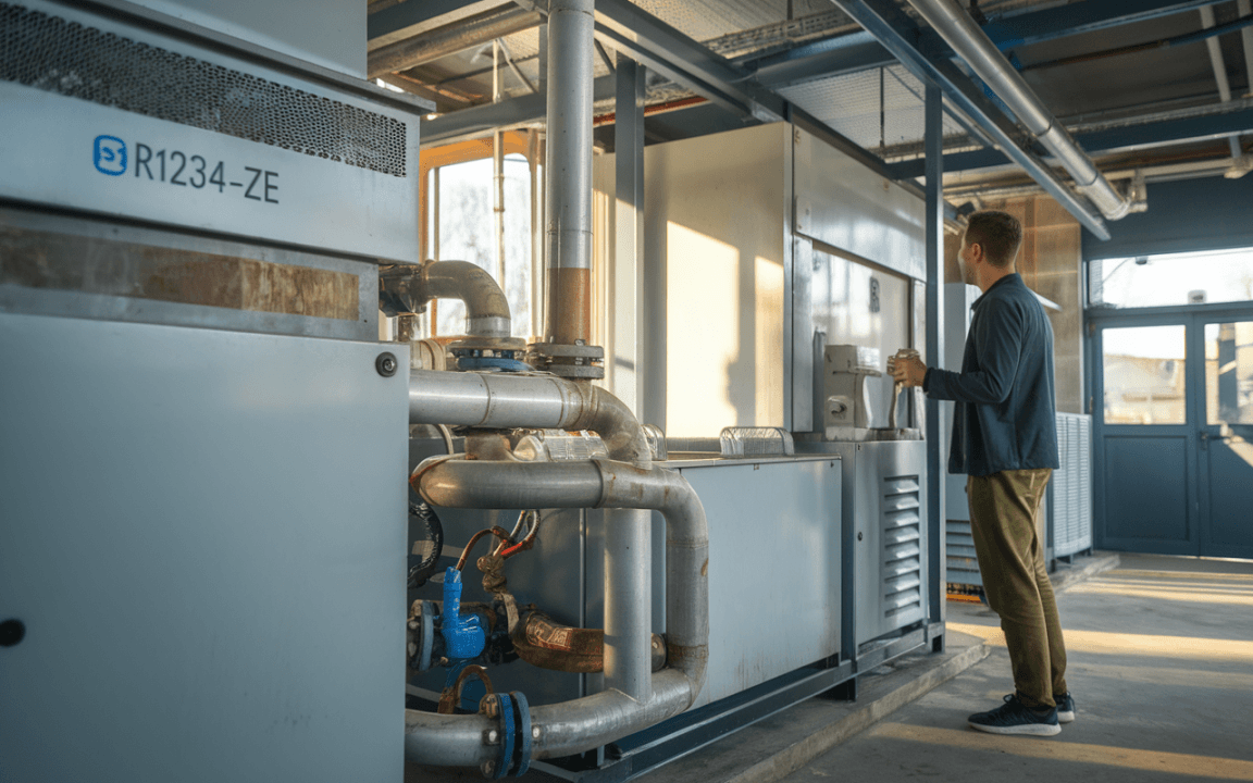Un homme se tient devant un équipement industriel, entouré de tuyaux métalliques et de machines dans un environnement lumineux.