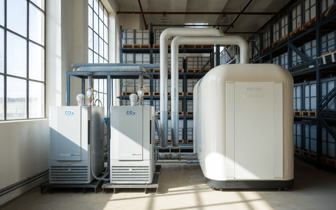 Équipements de réfrigération installés dans un espace industriel lumineux, avec de grandes fenêtres et des étagères à conteneurs en arrière-plan.