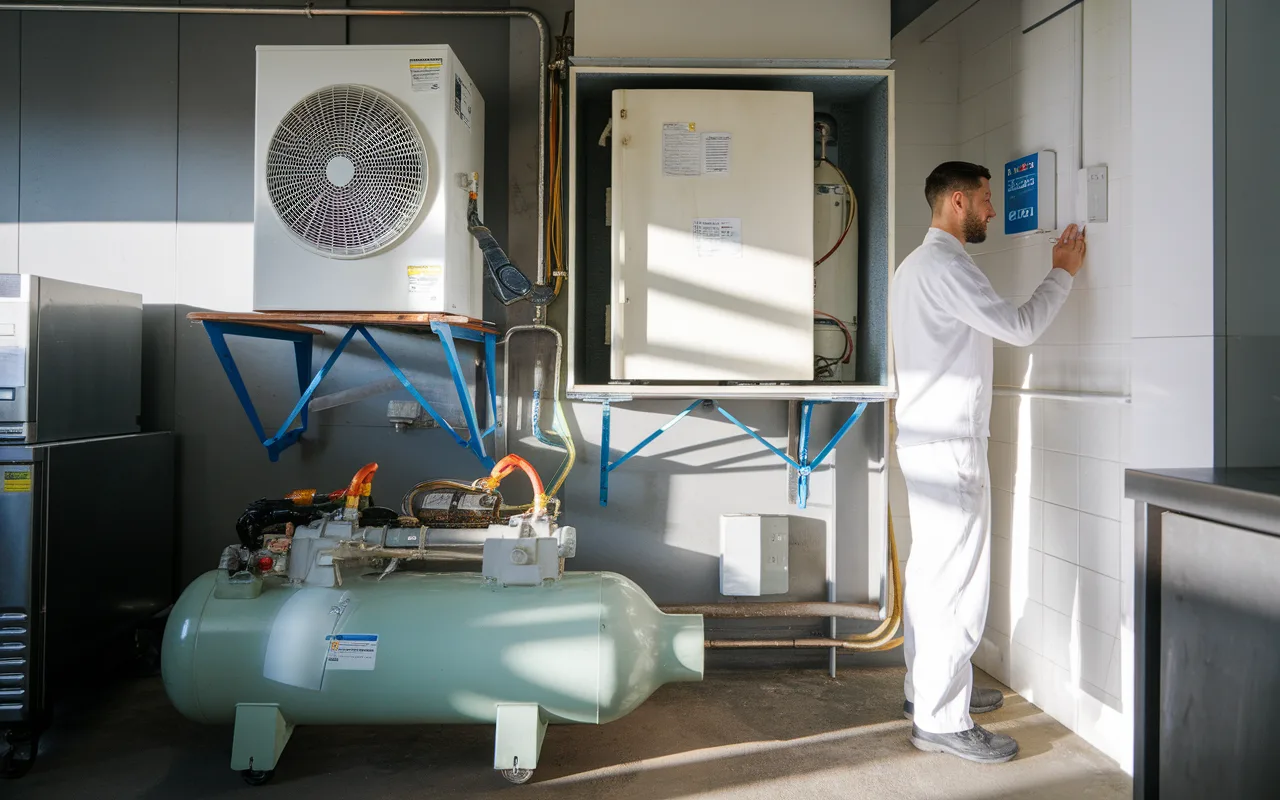 Un technicien en tenue de travail ajuste un panneau de contrôle dans un espace avec une unité de climatisation et un compresseur.
