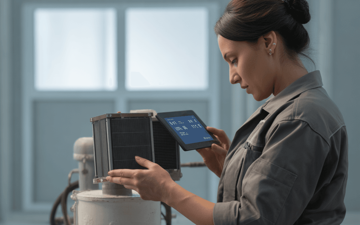 Une technicienne analyse des données sur une tablette, en observant un appareil industriel dans un environnement éclairé.