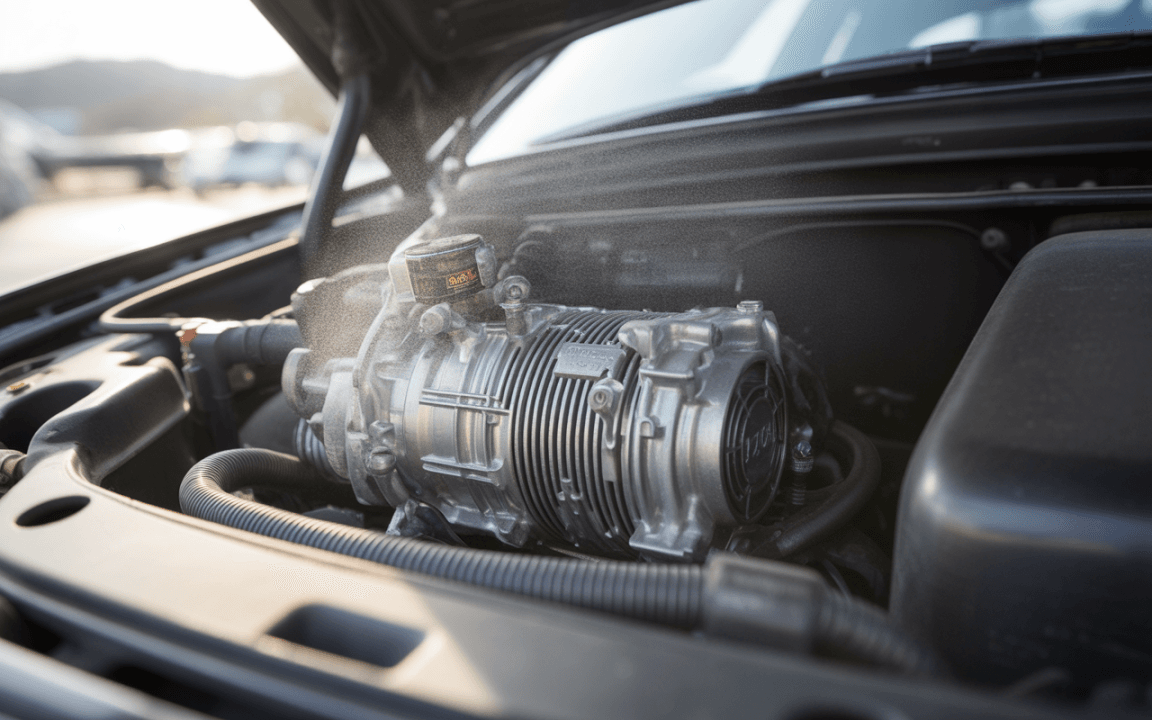 Moteur de voiture avec un compresseur visible, situé sous le capot, légèrement éclairé par la lumière du soleil.