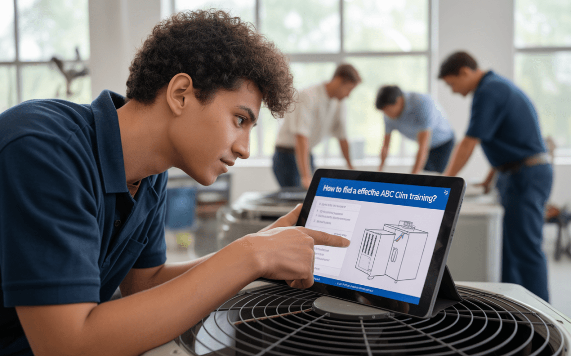 Un étudiant examine un tableau sur une tablette, discutant de la formation en climatiseur, tandis que d'autres travaillent en arrière-plan.