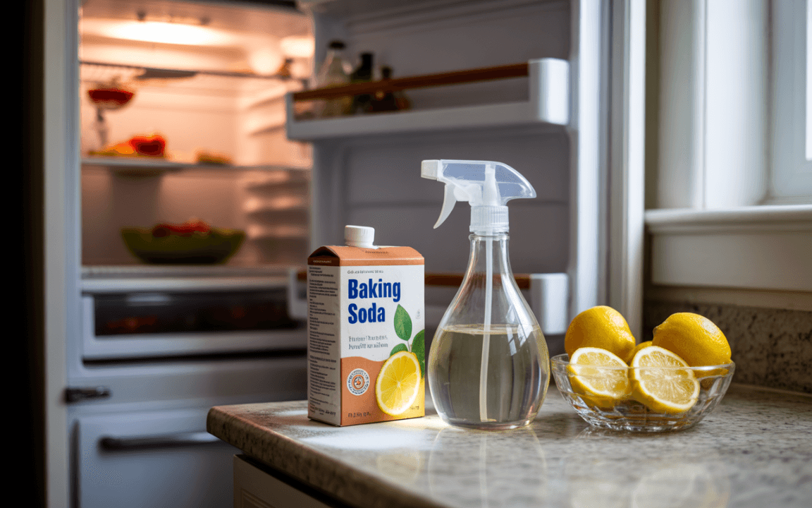 Bouteille de spray et bicarbonate de soude près de citrons coupés, avec un réfrigérateur en arrière-plan.