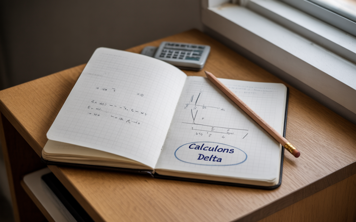 Un carnet ouvert avec des calculs et un graphique, un crayon et une calculatrice posés sur une table en bois.