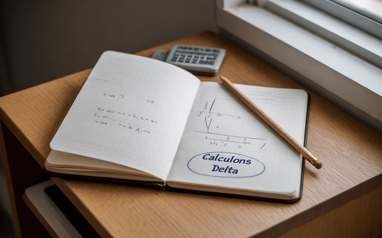 Un carnet ouvert avec des calculs et un graphique, un crayon et une calculatrice posés sur une table en bois.