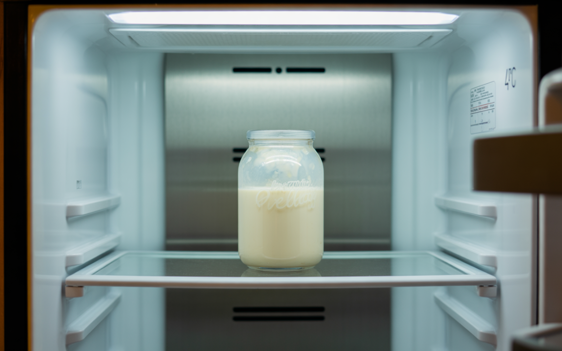 Un réfrigérateur ouvert avec une étagère en verre portant un pot en verre rempli d'un liquide crémeux.
