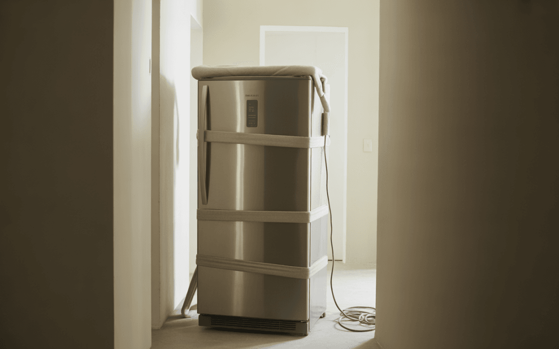 Réfrigérateur en acier inoxydable, entouré de sangles, situé dans un couloir éclairé, avec un sol en pierre.