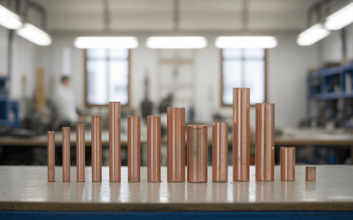 Des tubes en cuivre de différentes hauteurs alignés sur une table dans un atelier, avec un fond flou et lumineux.