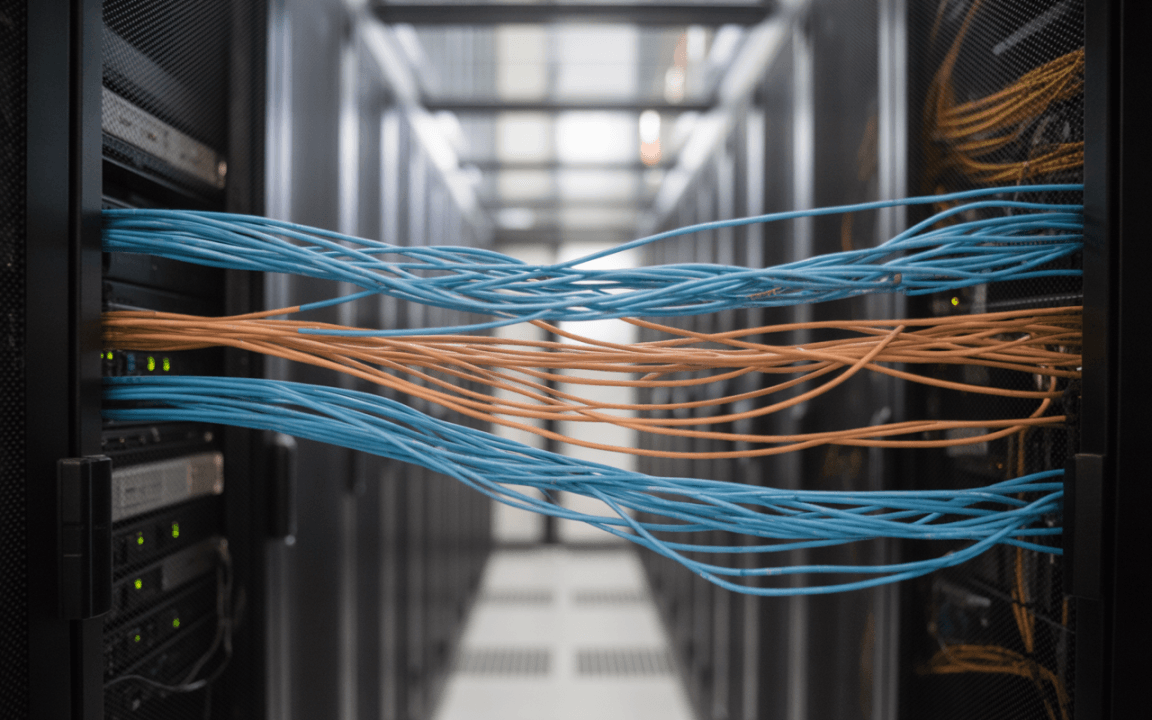 Serveur informatique avec des câbles orange et bleu entrelacés, alignés entre des racks de serveurs dans un data center.